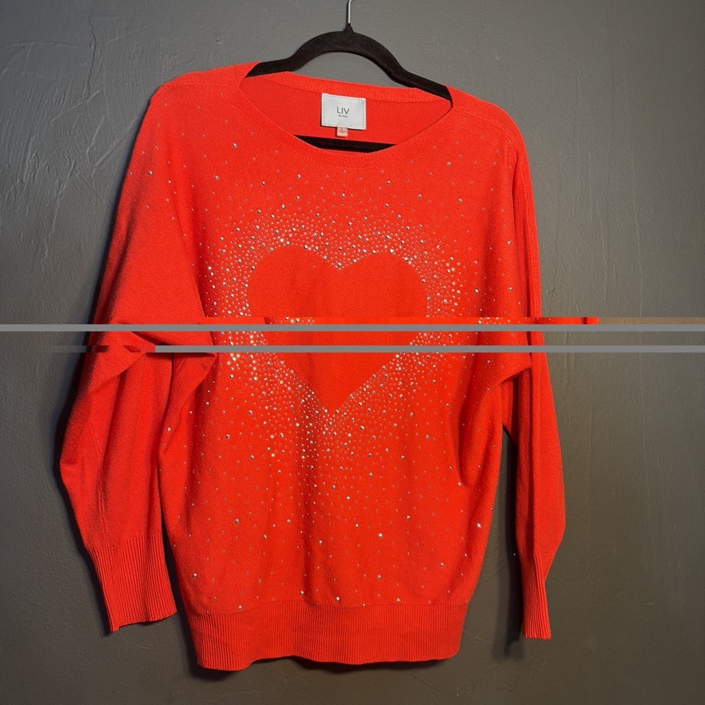 LIV Milano Sweater Rhinestone Heart Large Red Valentine Sparkle Festive Pullover - Picture 2 of 6